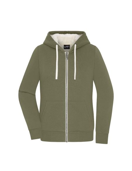 Sweatshirt à capuche femme Zippé Doublé sherpa olive