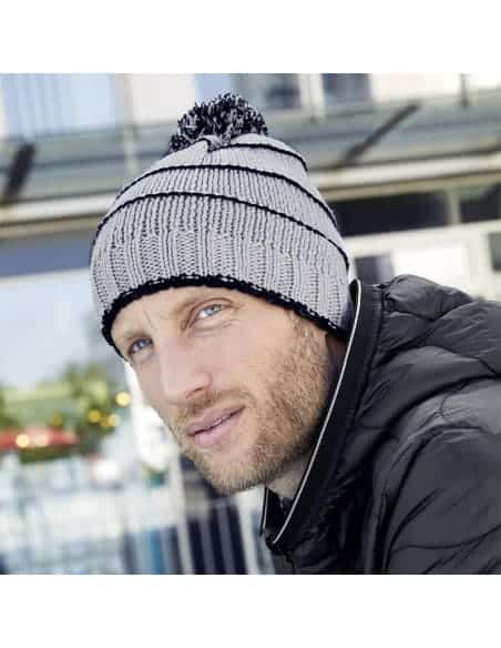 Bonnet rayé avec pompon en tricot doublé polaire Homme