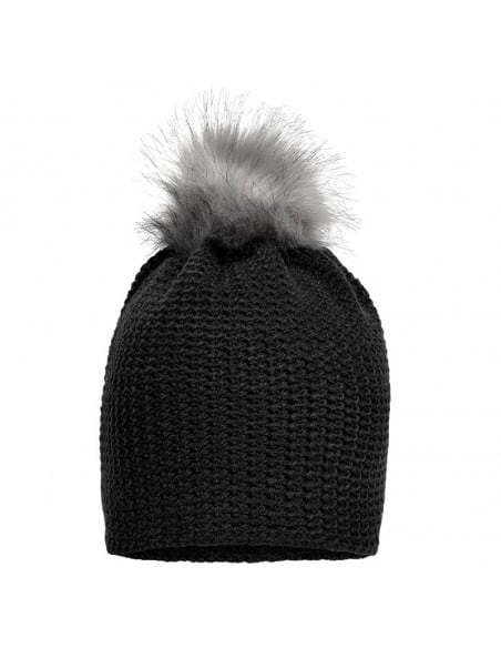 Bonnet crocheté doublé polaire avec pompon noir