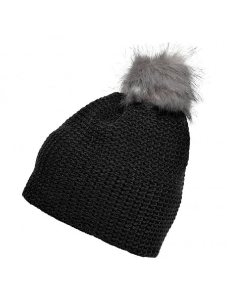 Bonnet crocheté doublé polaire avec pompon noir