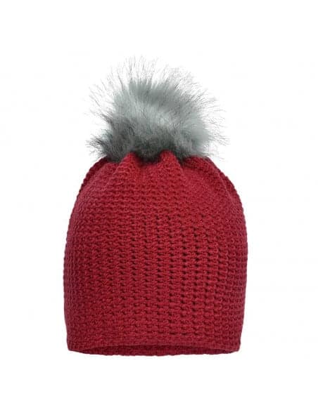 Bonnet crocheté doublé polaire avec pompon rouge