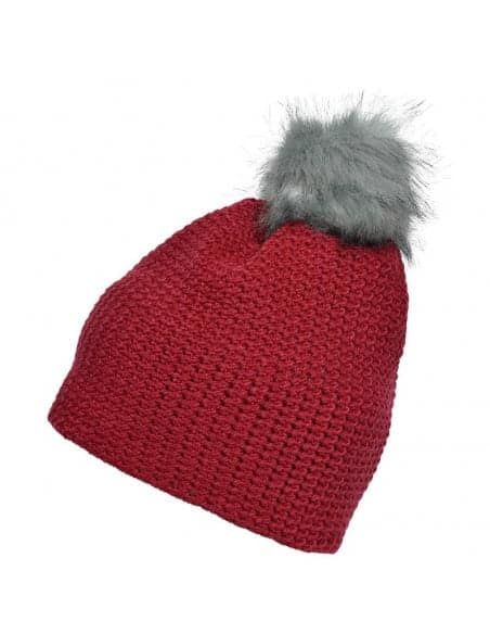 Bonnet crocheté doublé polaire avec pompon rouge