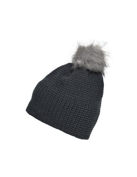 Bonnet crocheté doublé polaire avec pompon anthracite